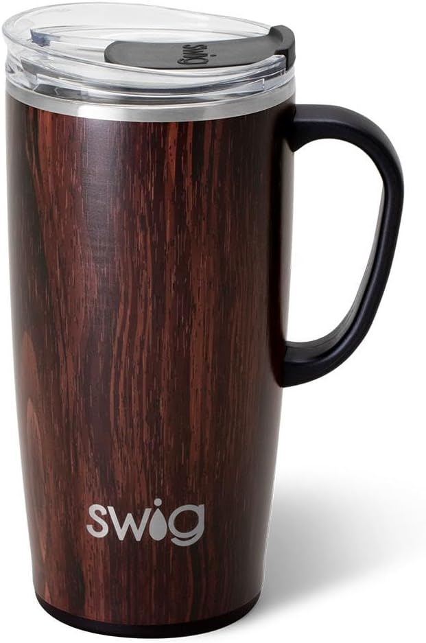 Swig Life 22oz Insulated Travel Mug with Handle & Lid, Bourbon Barrel | Triple Insulated Stainless Steel - Handle & Lid Included - Keeps Coffee Hot or Cold - Cup Holder Friendly
