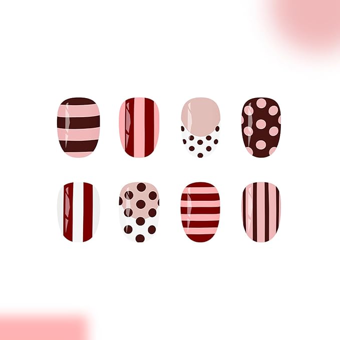 Short Almond Press On Nails French Fake Nails With Stripe Polka Dot Designs | Brown Pink Stripe False Nails Acrylic Nails Press Ons Glossy Stick On Nail Reusable Glue On Nail For Women 24Pcs