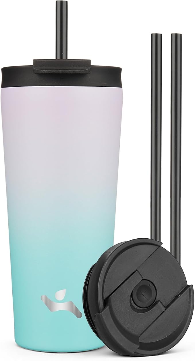 Konokyo 22 oz Insulated Tumbler Water Bottle with Straw Lid, Lavender Green | Stainless steel insulated tumbler for coffee, water and iced drinks; spill-proof lid, 2 straws, cup-holder friendly