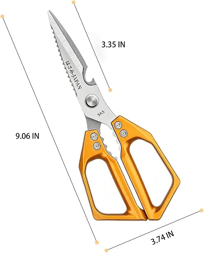 Heavy Duty Rust Proof Multi-Purpose Kitchen Shears(Golden) | Suitable for Chicken, Fish, Steak and Vegetables. Built-In Fish Scaler & Bottle Opener, Dishwasher Safe.