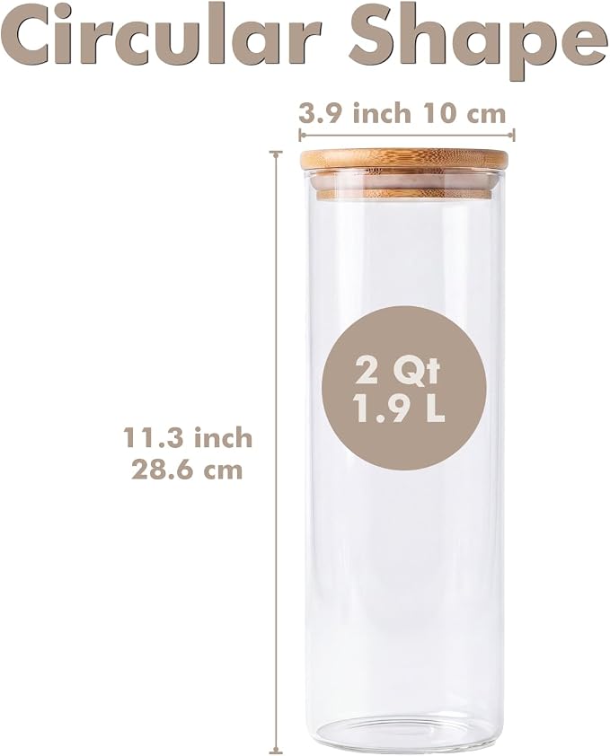 3-Pack 2Qt Round Glass Spaghetti Jars with Bamboo Lids | Minimalist Kitchen Organizer,Scandinavian Style Storage,Nordic Style Storage,Food Storage Canister for Pasta, Penne, Macaroni