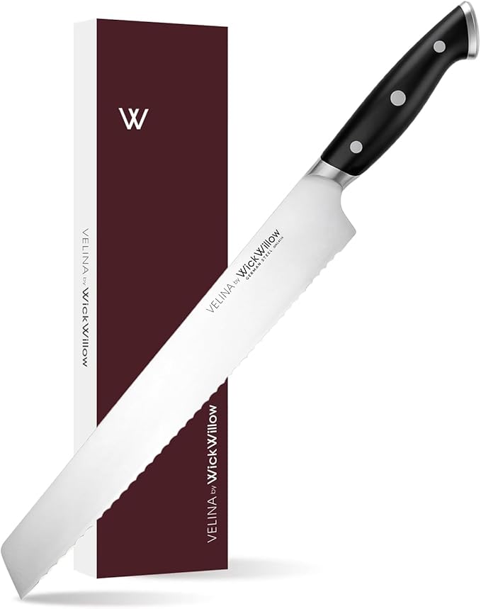 WICKWILLOW 10” Bread Knife – Razor Sharp German High-Carbon Stainless Steel | Cleanly slices homemade bread, sourdough and pastries with long-lasting serrated performance. Gift-Ready.