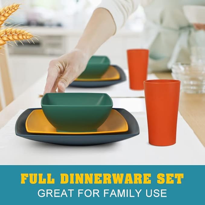 Teivio 32-piece Plastic Wheat Straw Square Dinnerware Set for 8, Unbreakable Dinner Plates, Salad Plates, Snack Bowls, Tumblers 13.5 oz, Dishwasher Safe, Kitchen Camping RV Dish, Autumn Multicolor