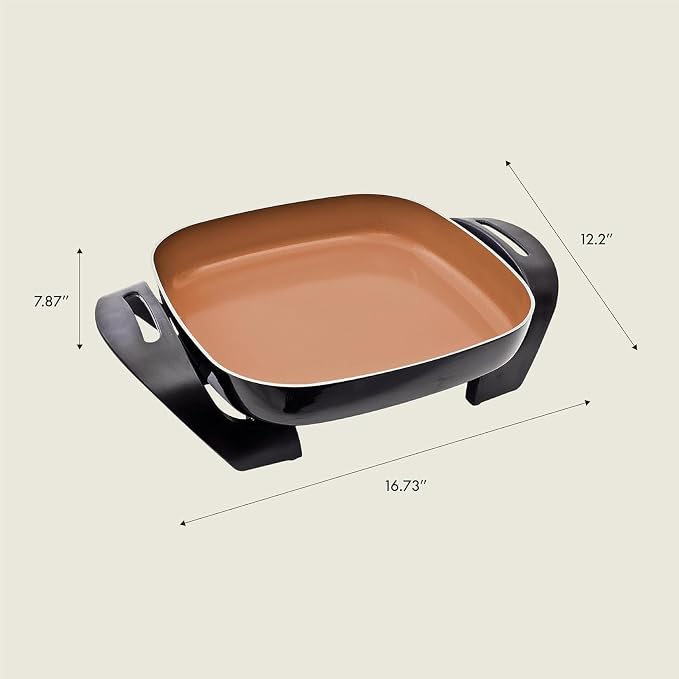 bella 12x12 Electric Skillet & Frying Pan with Glass Lid, Nontoxic, Coppper