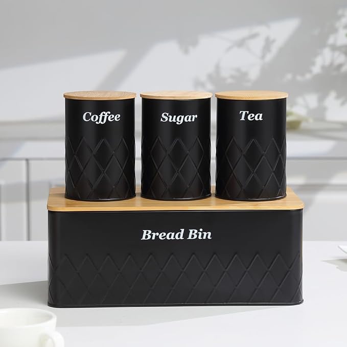 Black Metal Bread Box with Cutting Board,3 Canisters for Kitchen | Coffee Tea Sugar Container Storage Set Bread Bin with Bamboo Lid for Kitchen Countertop Bread Box Set