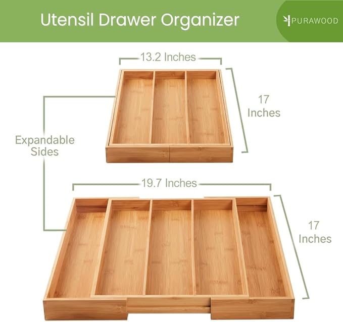 Purawood Kitchen Drawer Organizer, 2 Pack - Expandable Utensil Drawer Organizer for Kitchen, Cutlery Tray & Silverware Organizer, 3-5 Slots - Bamboo Organizer for Utensils & Flatware (Natural)
