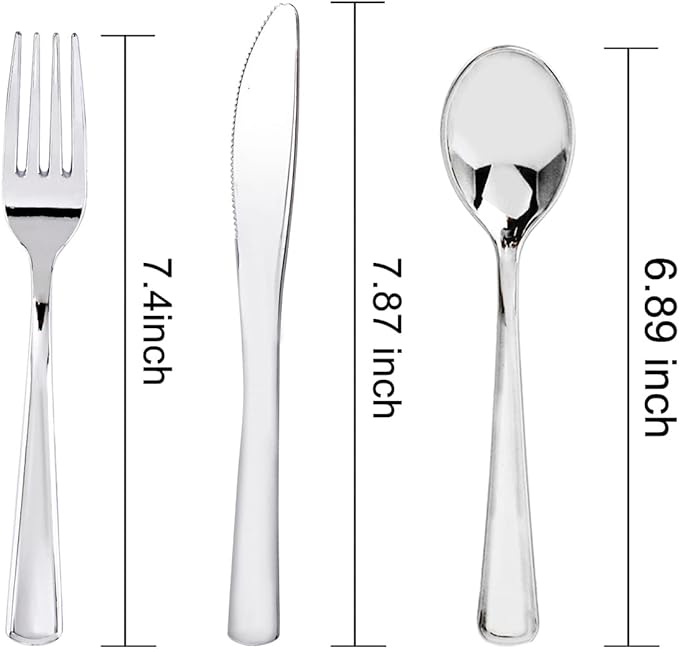 180 Pieces Silver Plastic Silverware - Silver Plastic Cutlery - Fancy Plastic Silverware Heavy Duty - 60 Forks 60 Knives 60 Spoons - Disposable Plastic Utensils Perfect for Party Wedding