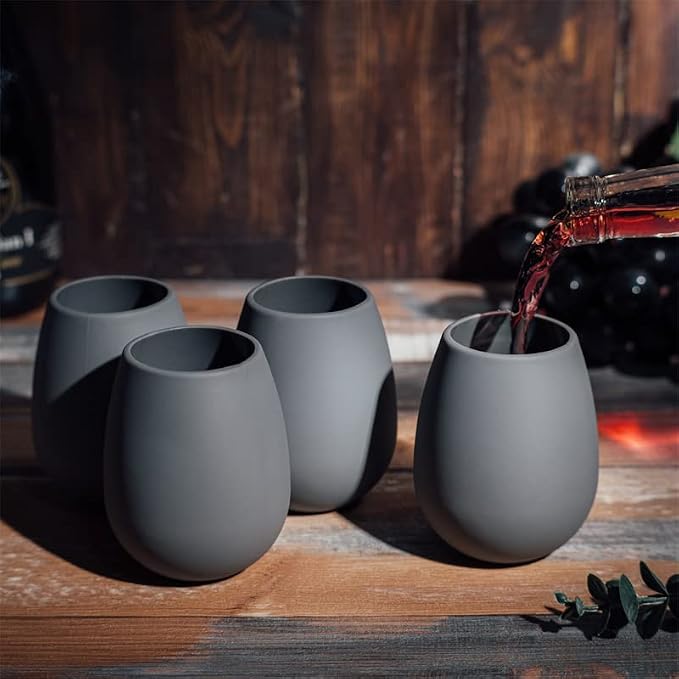 Unbreakable Wine Cups 4" H Set of 4 by The Wine Savant - Reusable & Shatterproof Wine Tumblers for Parties, Picnics, Outdoors, Camping, Bar Party Stemless Wine Cup Aerating, Silicone Drinkware(Black)