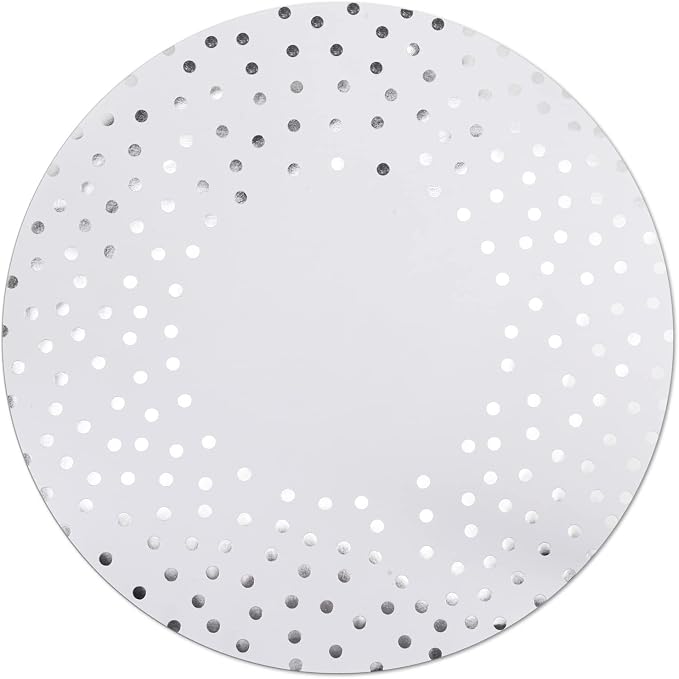 50 Pcs 14 Inch White and Silver Foil Paper Place Mats Silver Polka Dots Round Placemats Disposable Decorative Table Mats for Wedding Banquet Party Home Dining Table Decor