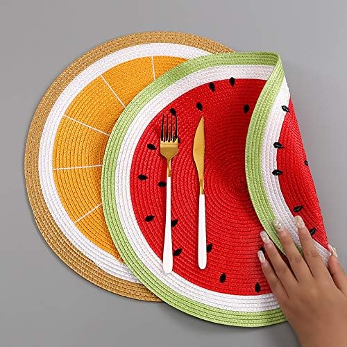 Zupro Round Watermelon Placemats Set of 4 Braided 15" Indoor Outdoor Usage | Embroidery Motif Heat Resistant Non-Slip Washable,for Kitchen Dining Tables Dinner Parties holiday and Everyday Use