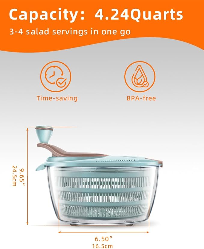 Brigii Salad Spinner, 4.24 Quart Lettuce Spinner, Vegetable Spinner | Double drainage holes, wash spin and drain without removing lid, non-slip base, easy to clean, for greens, vegetables, fruit