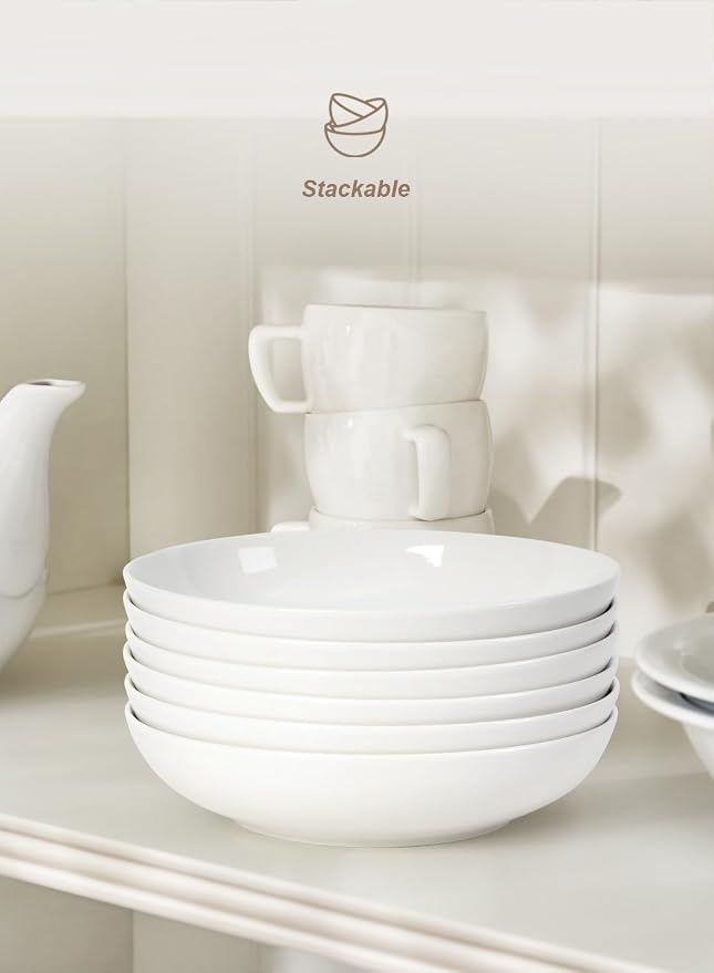Quatish Pasta Bowls 30oz Set of 8, Salad Bowls Soup Bowl for Kitchen, Microwave & Dishwasher Safe, Large Porcelain Wide and Shallow Serving Bowl, White Dinner Plates, Dinnerware Set, Gift