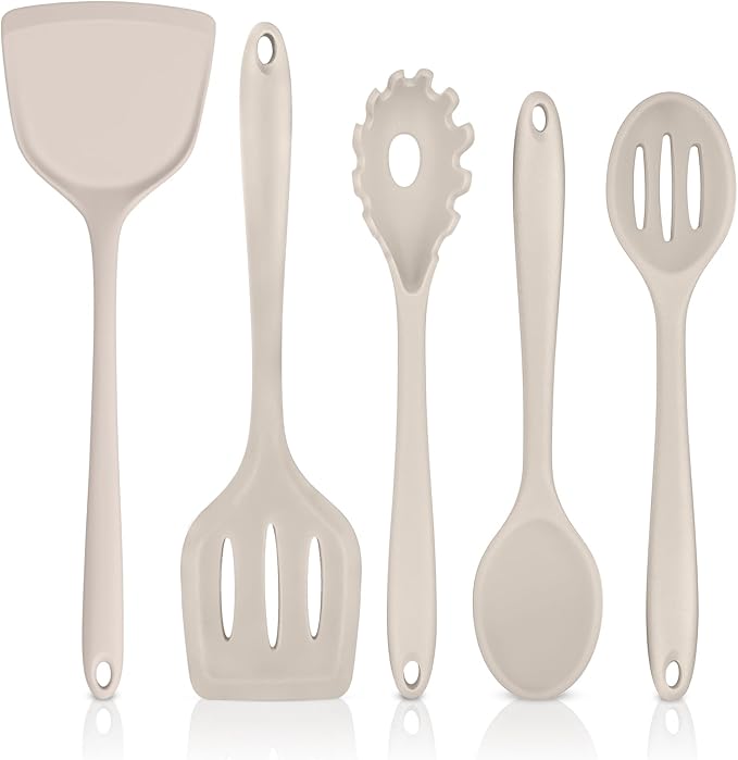 TeamFar Silicone Cooking Utensils Set, 5-Piece Kitchen Utensils Se | Heat Resistant Nonstick Slotted Solid Spoon Turner Pasta Server for Frying Serving Mixing, Non-Toxic & Dishwasher Safe, Khaki