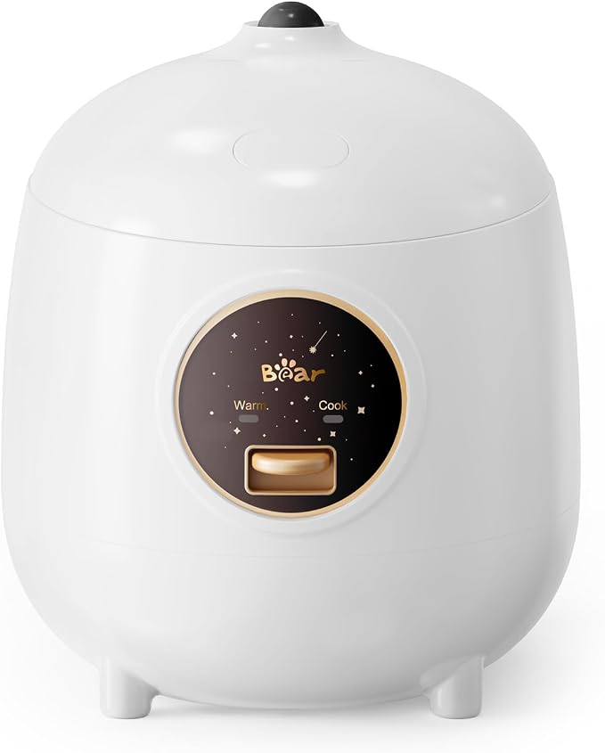 Bear Mini Rice Cooker, 2-Cup Uncooked, Nonstick, Keep Warm, BPA Free, White | Portable 1.2L nonstick small rice cooker for travel, dorm, single serve. One-touch operation, removable pot, auto keep warm