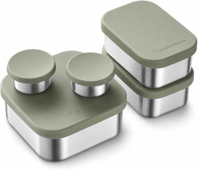 Flexibento - Leak proof Stainless Steel Lunch Box,Lunch Containers with Lids,Steel Bento Box,Metal lunch Box,1 * 25 OZ+ 2 * 13 OZ + 2 * 2 OZ,Set Of 5,Sage Set of 5