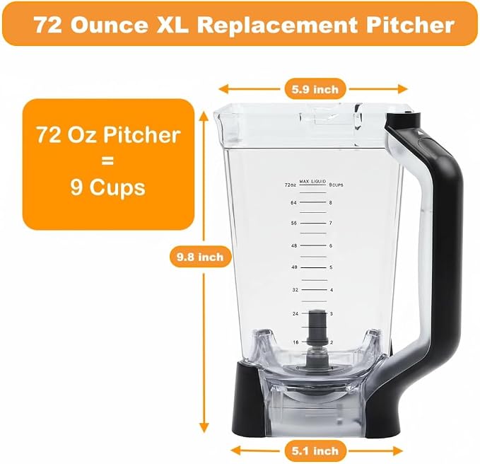 Replacement 72oz XL Pitcher with Lid and 6-Blade Assembly Compatible with Ninja Blender BL660, BL770, BL771, BL773, BL740, BL780