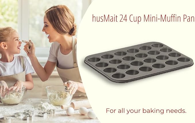 24-Cup Mini Muffin Pan - Non-Stick Carbon Steel Mini Cupcake Pan - Heavy Duty Metal Baking Tray, Warp-Resistant, PFOA Free & Dishwasher Safe