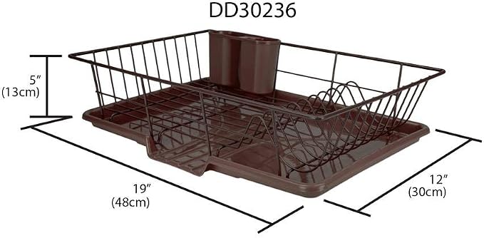 Sweet Home Collection Metal Dish Rack Drainer 3 Piece Set with Drying Board and Utensil Holder, 12" x 19" x 5", Bronze