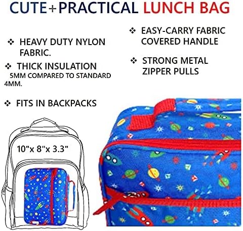 kinsho Kids Bento Lunch Box, Bottle, Ice Pack & Bag, Blue Red Space Rocket | 5 Leakproof Portion Compartments, BPA-Free Removable Tray, Insulated Meal, Snack Container for Toddlers, Pre-School & Daycare