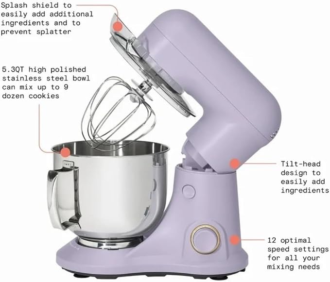 Wonderful Kitchen Stand Mixer 5.3 Qt Bowl, 12 Speeds Tilt-Head, Dough Hook Flat Beater Whisk for Baking Tasks Metal Build for Baking (Lavender)