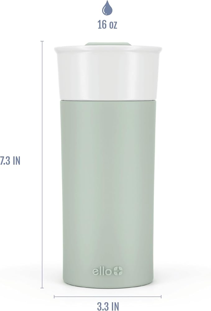 Ello Ogden 16oz Ceramic Travel Mug with Slider Lid and Sleeve, Honeydew | Splash-resistant ceramic travel mug with slider lid and protective silicone sleeve. BPA-free, great for coffee and tea.