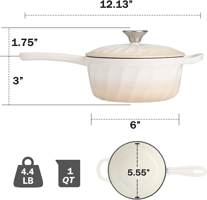 Enameled Cast Iron Sauce Pan with Lid, 1 Quart Saucepan with Lid | Dutch Oven with Lid, Small Cast Iron Pot for Cooking Pasta, Soup, Milk, Induction & Oven Safe Up to 500°F, Caramel White