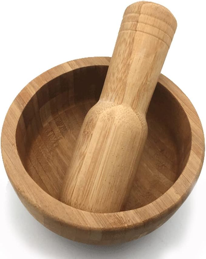 5 Inch Bamboo Mortar and Pestle Set, Wooden Herb Grinder Bowl for Garlic Ginger Spices Seeds Pepper Coffee, Manual Spice Crusher Grinding Bowl