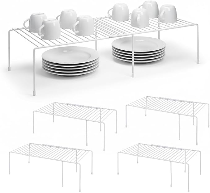4-Pack Expandable Medium (13.4-25.1x9inch) Kitchen Organizer Rack, Kitchen Shelves for Spice Organization for Cabinet, Pantry Organizers and Storage, Spice Rack, Desk Organizer, White