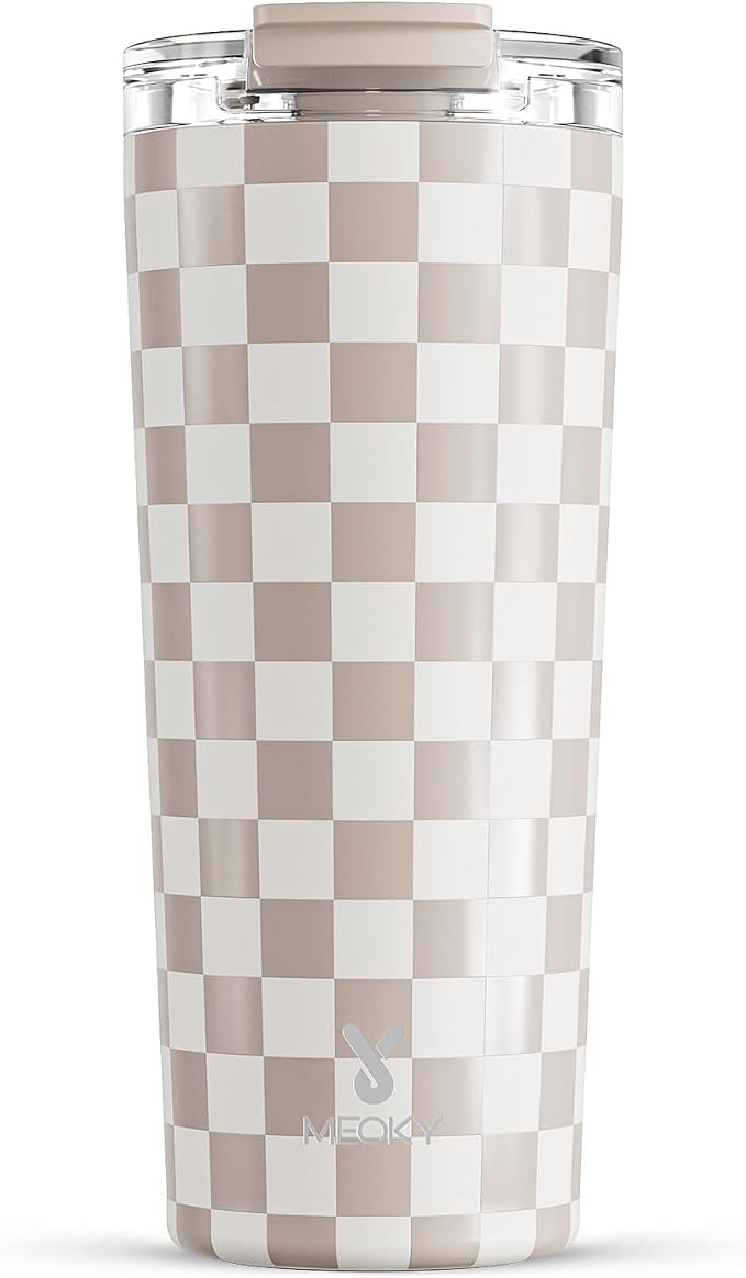 Meoky 24 oz Insulated Travel Coffee Mug: Leak Proof Lid, Checkmate | Stainless Steel Coffee Tumbler, Keeps Hot for 8 Hours or Cold for 24 Hours, Fits in Car Cup Holder, BPA Free