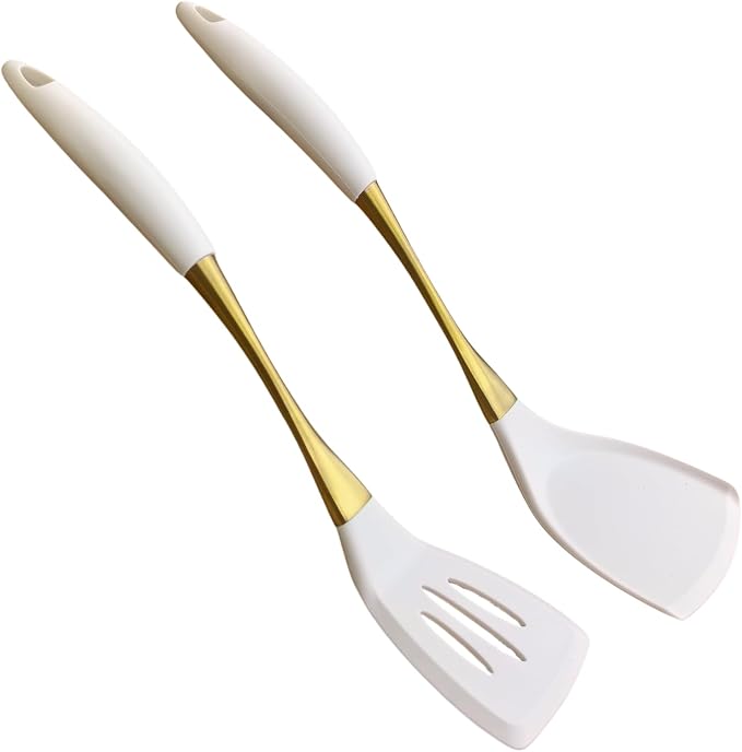 Heat-Resistant Kitchen Spatula Set – Non-Toxic Cooking Utensils with Solid & Slotted Designs –Food Grade Silicone and Gold-Plated Stainless Steel Handles –Ideal for Nonstick Cookware, Gold