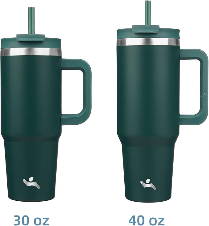 Konokyo 40 oz Insulated Tumbler Water Bottle with Handle, Straw Lid | BPA-free and dishwasher safe; made for gym, travel, coffee and gifting, 2 straws, cup holder friendly,Dark Green