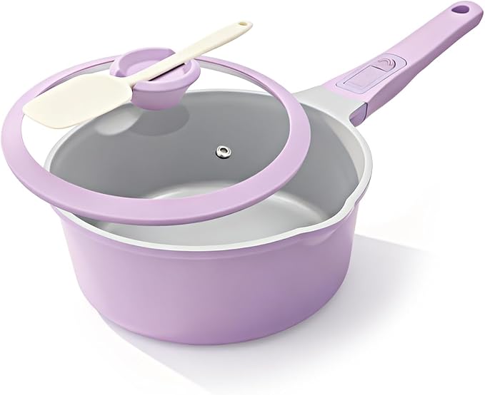 AIKENBBKK Nonstick Sauce Pan with Lid, 2.5 Qt Ceramic Saucepan with Lid, Non Stick Sauce Pan, Milk Pot&Sauce Pot&Saucepan with Pour Spout, Detachable Handle Milk Pan, Induction Compatible,Purple