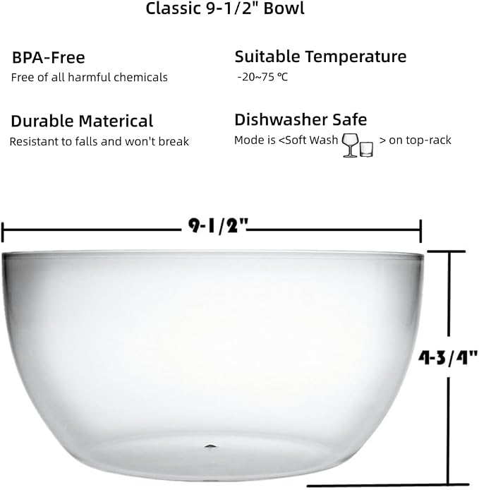 Large Acrylic Salad Bowls and Serving Bowls, Great for Serving Salad, Popcorn, Chips, Dips, Condiments, Break-Resistant Set of 2, Clear 146 oz