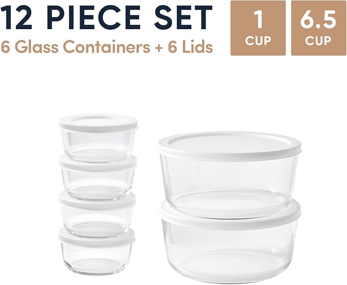 12-Piece Glass Food Storage Containers Set (6 Containers + 6 BPA-Free Lids) | 1-Cup & 6.5-Cup, Leakproof | Microwave, Freezer, Oven & Dishwasher Safe | Ideal for Meal Prep & Pantry Organization, White