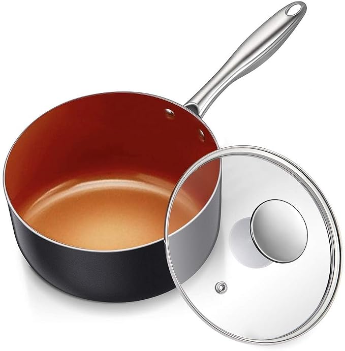 MICHELANGELO Sauce Pan with Lid, Ultra Nonstick 3 Qt Saucepan with Lid, 3 Quart Non Stick Pot Induction Compatible, Ceramic Small Pot, Copper