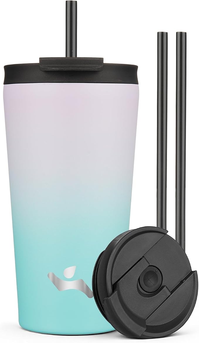 Konokyo 18 oz Insulated Tumbler Water Bottle with Straw Lid, Lavender Green | Stainless steel insulated tumbler for coffee, water and iced drinks; spill-proof lid, 2 straws, cup-holder friendly