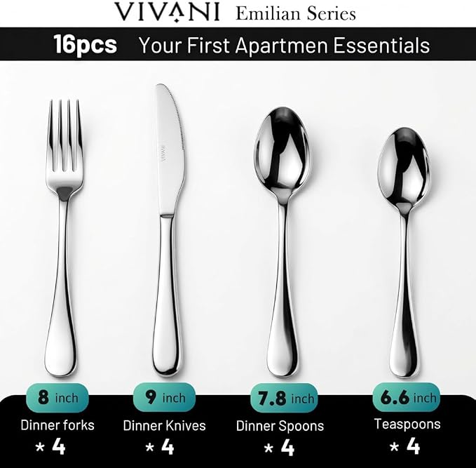 VIVANI 16 Piece Silverware Set for 4, Premium Stainless Steel Cutlery Set | Dishwasher safe, ergonomic handle, mirror polished, rust resistant for home, kitchen, dorms, apartments and hosting