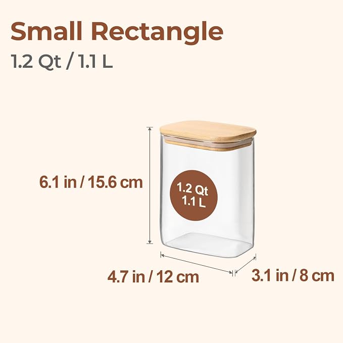 ComSaf Glass Storage Containers wtih Lids 1.2 Qt, Set of 4 Food Storage Jar | Glass Pantry Storage Containers, Rectangle Kitchen Canisters, Bamboo Lid with Silicone Seal, Cereal, Flour, 37oz, BPA Free