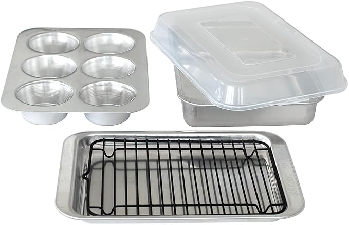 Nordic Ware Naturals 5 Piece Compact Pan Set, Toaster Oven, Counter Ovens, Air Fryer and Broiler Safe, Size for 1-2 Portions - Includes Rectangular Pan, Muffin Pan, Baking Sheet, Broiling Rack and Lid