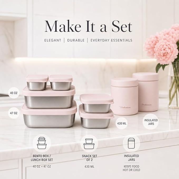 Flexibento - Leak proof 47 OZ Stainless Steel Lunch Box Containers with Silicone Lids, Bento Box,Metal lunch Box, Pink-47 OZ-Set Of 2