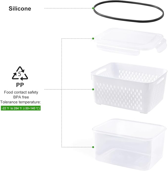 4 PCS Fruit Storage Containers for Fridge, Leakproof Produce Containers | For Fridge with Removable Colander, Microwave/Dishwasher Safe Fruit Washing Bowl Keep Fruits, Vegetables, Berry Fresh longer