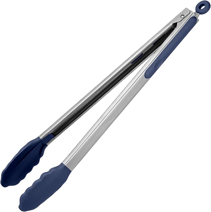 U-Taste Kitchen Tong for Cooking, 600ºF Heat-Resistant, 16in/Midnight Blue | Extra Long BBQ Tongs, Large Tong for Grilling/Grabbing, Big Thong with Nonstick Silicone Tps & 18/8 Stainless Steel Handle