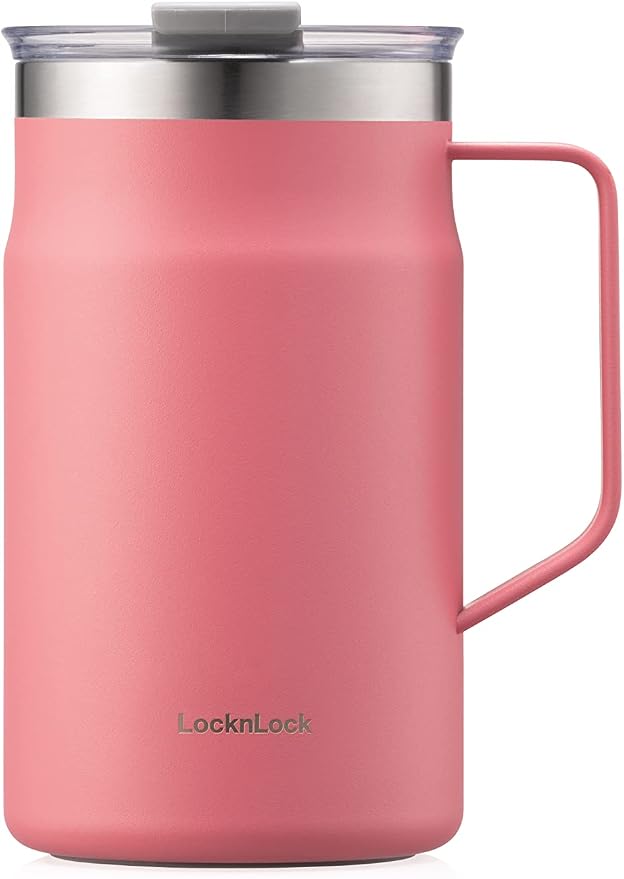 LocknLock Metro Mug Premium 18/8 Stainless Steel Double Wall Insulated with Handle Perfect for table with Lid, Peach Red, 20 oz