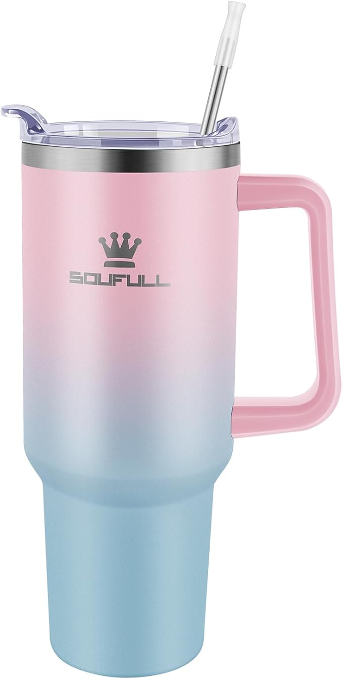 Soufull 40 oz Tumbler with Handle and Straw Lid, 100% Leak-proof, PinkBlue | Stainless Steel Insulated Travel Coffee Cup, Keeps Cold 34Hrs or Hot 10Hrs, Dishwasher Safe