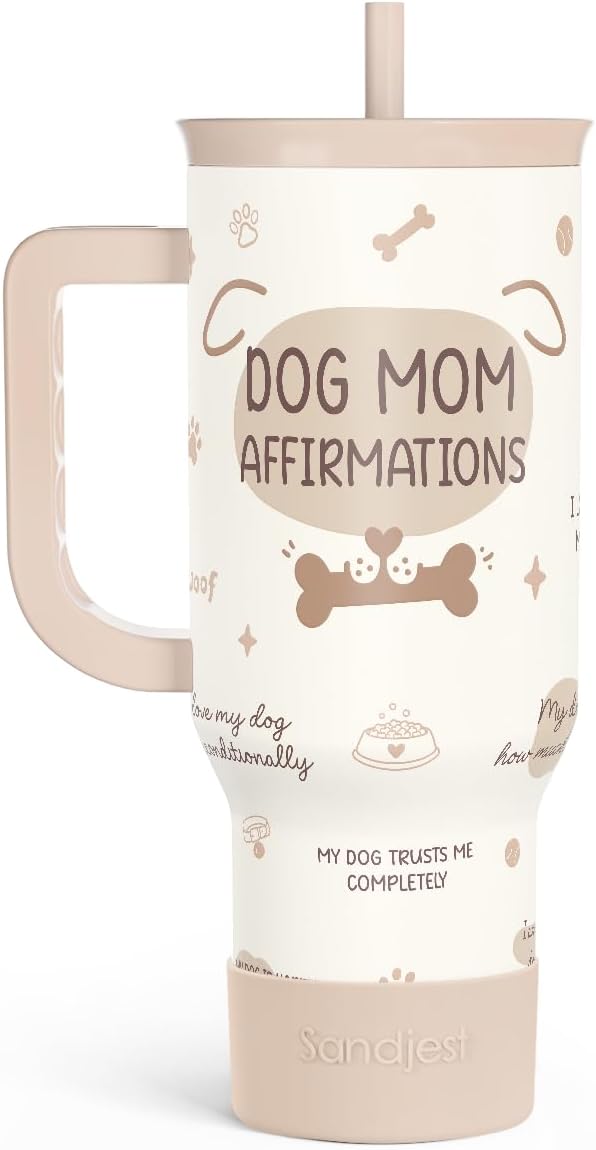 SANDJEST Dog Mom 40oz Tumbler With Handle and Straw, Dog Mom Affirmation Insulated Stainless Steel Travel Coffee Mug for Women Girls Pet Lovers, Gift Idea for Birthday Christmas Mothers Day