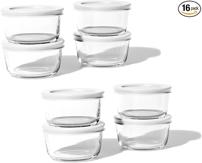 16-Piece Glass Food Storage Containers Set (8 Containers + 8 BPA-Free Lids) | 1-Cup, Leakproof | Microwave, Freezer, Oven & Dishwasher Safe | Ideal for Meal Prep & Pantry Organization, White