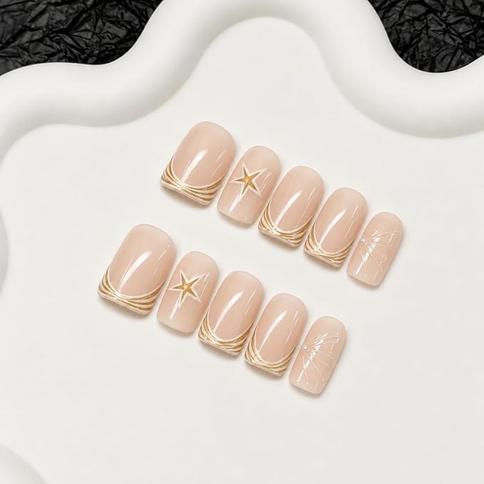 Summer Handmade Press on Nails Starfish Fake Nails Designs Beach Muti-Layer Gel Thick Acrylic Nail Full Cover Beach Handmade Short Square False Nails French Tip Stick on Nail for Women (S)