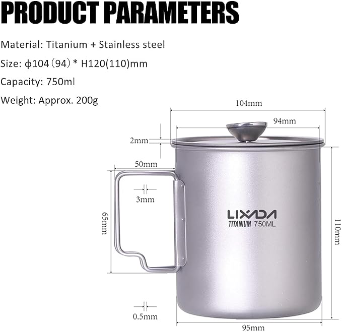 LIXADA Titanium French Press Coffee Maker, 750ml, Corrosion Resistant, Foldable Handle, Outdoor Camping Cooking Pot