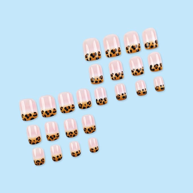 24Pcs French Tip Press on Nails Short Square WLGDLH Summer Fake Nails Press ons Nail Art Tips with Brown Leopard Print Design Acrylic Glue on Nails Full Cover Nude False Nails for Women Manicure