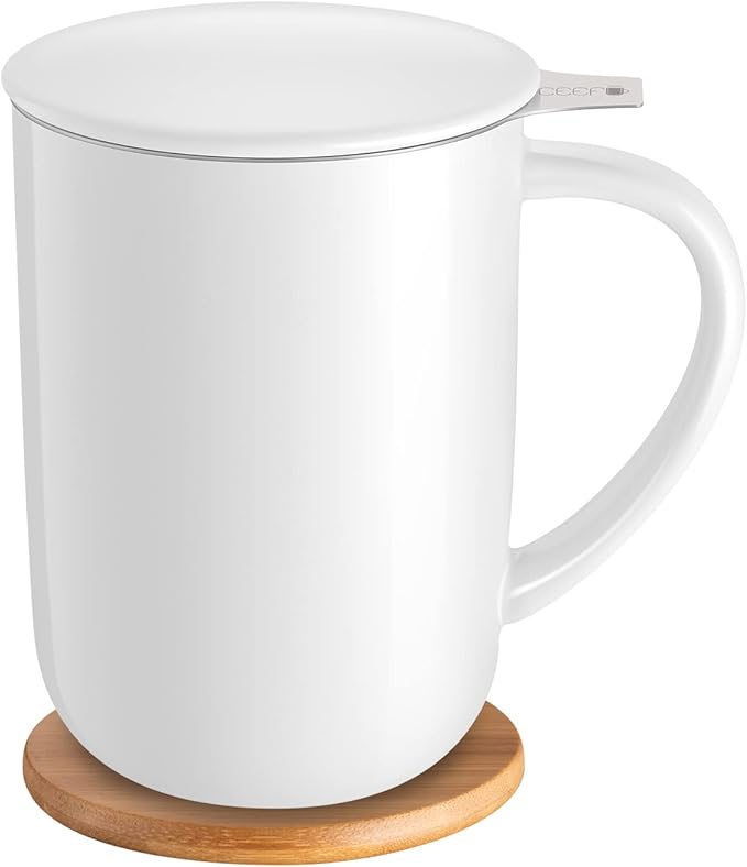 CEEFU 16oz Porcelain Tea Mug with Infuser, Lid and Coaster | Teaware with Filter, Loose Leaf Tea Cup Steeper Maker, Tea/Coffee/Milk/Women/Office/Home/Gift, White